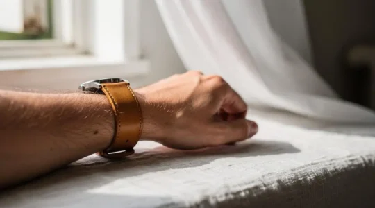 Poignet portant un bracelet en cuir dans une ambiance estivale lumineuse, évoquant fraîcheur et entretien