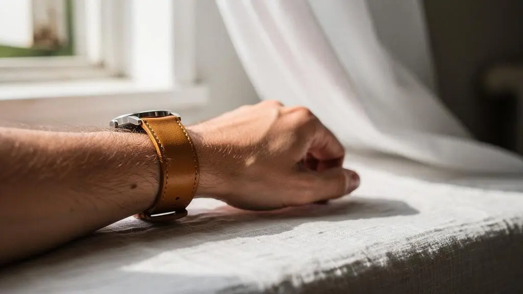 Poignet portant un bracelet en cuir dans une ambiance estivale lumineuse, évoquant fraîcheur et entretien