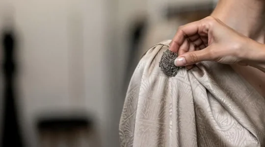 Main féminine ajustant délicatement une broche ornée sur un tissu de soie fluide, illustrant une technique de fixation sans dommage