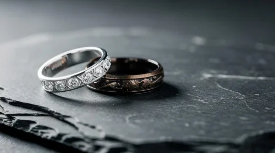 Deux bagues en argent côte à côte, l'une brillante et chromée, l'autre patinée aux reflets sombres et texturés