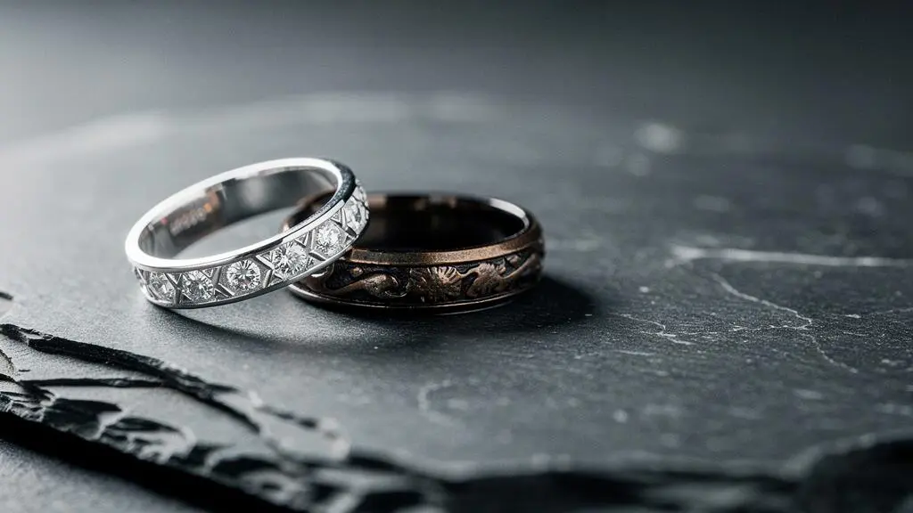 Deux bagues en argent côte à côte, l'une brillante et chromée, l'autre patinée aux reflets sombres et texturés