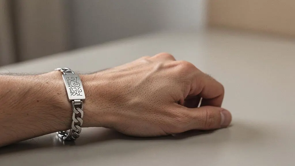 Gros plan élégant sur une gourmette gravée portée au poignet, évoquant une alerte médicale discrète pouvant sauver une vie