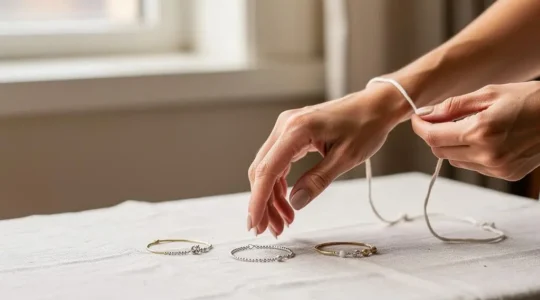 Une main mesurant délicatement son propre poignet avec un fil pour déterminer la taille idéale d'un bracelet