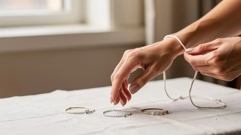 Une main mesurant délicatement son propre poignet avec un fil pour déterminer la taille idéale d'un bracelet