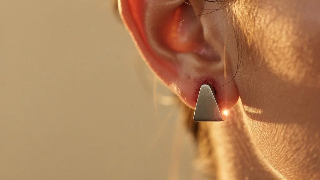 Gros plan artistique sur une oreille et un bijou minimaliste symbolisant une réaction allergène invisible