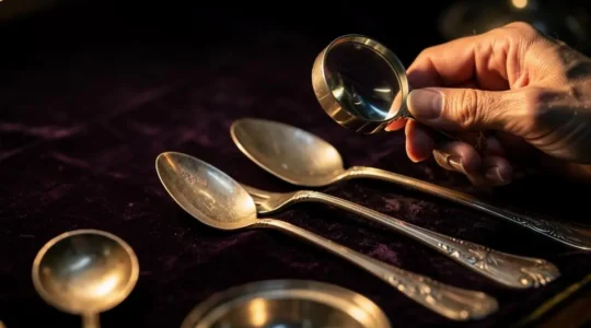Loupe de bijoutier examinant les poinçons carrés et losanges sur des couverts anciens en argent